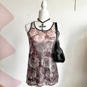 Pink‎ Sequin Floral Tank Top, Y2K Coquette 2000s Glam Maximalist Mc Bling Small